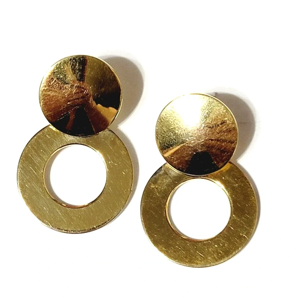 Double Circle‎ Dangle Pierced Earrings, 1.5” Shiny Gold-tone Retro Jewelry gp-4